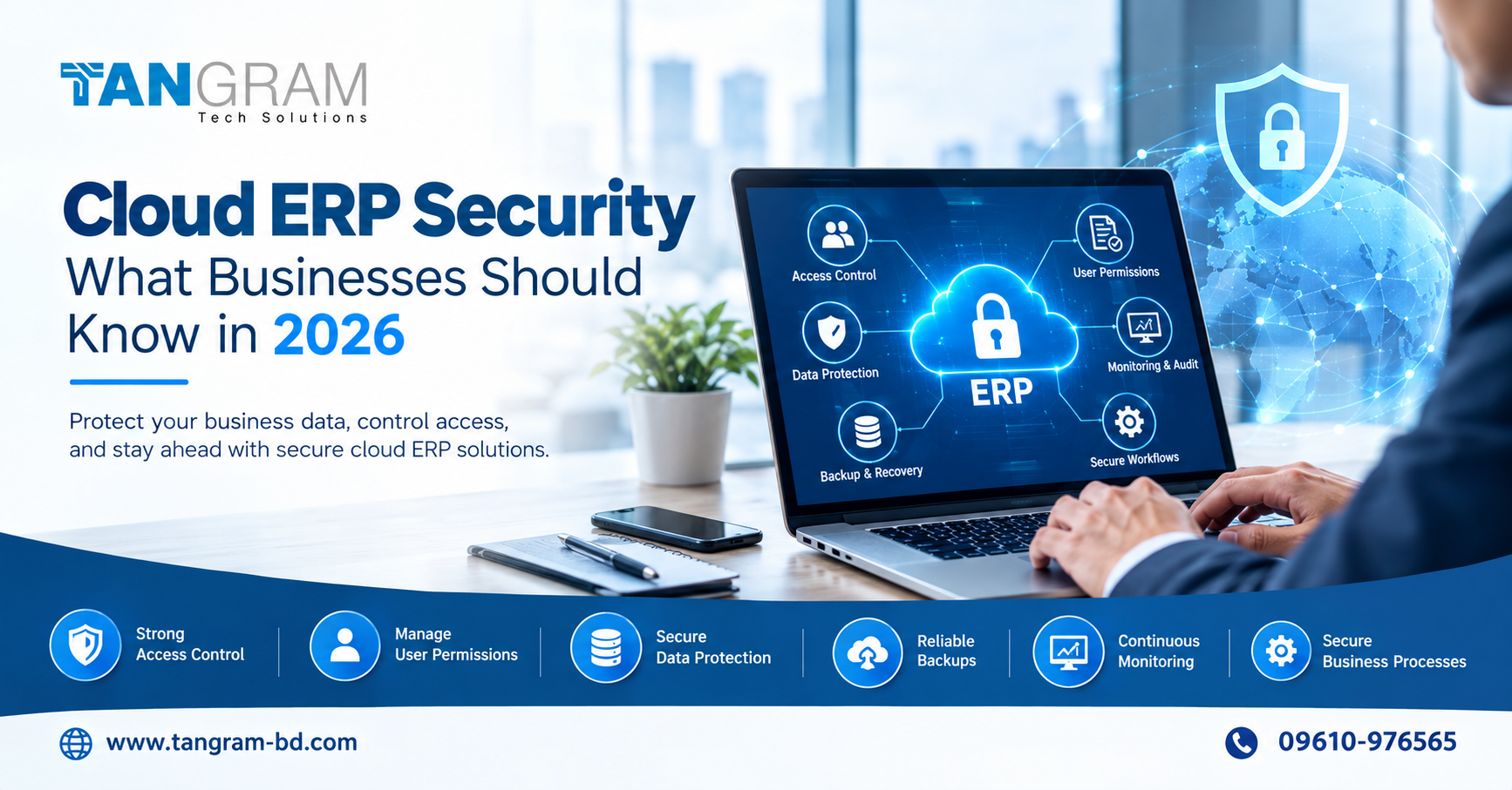 Cloud ERP security illustrating data protection, user access controls and business system monitoring